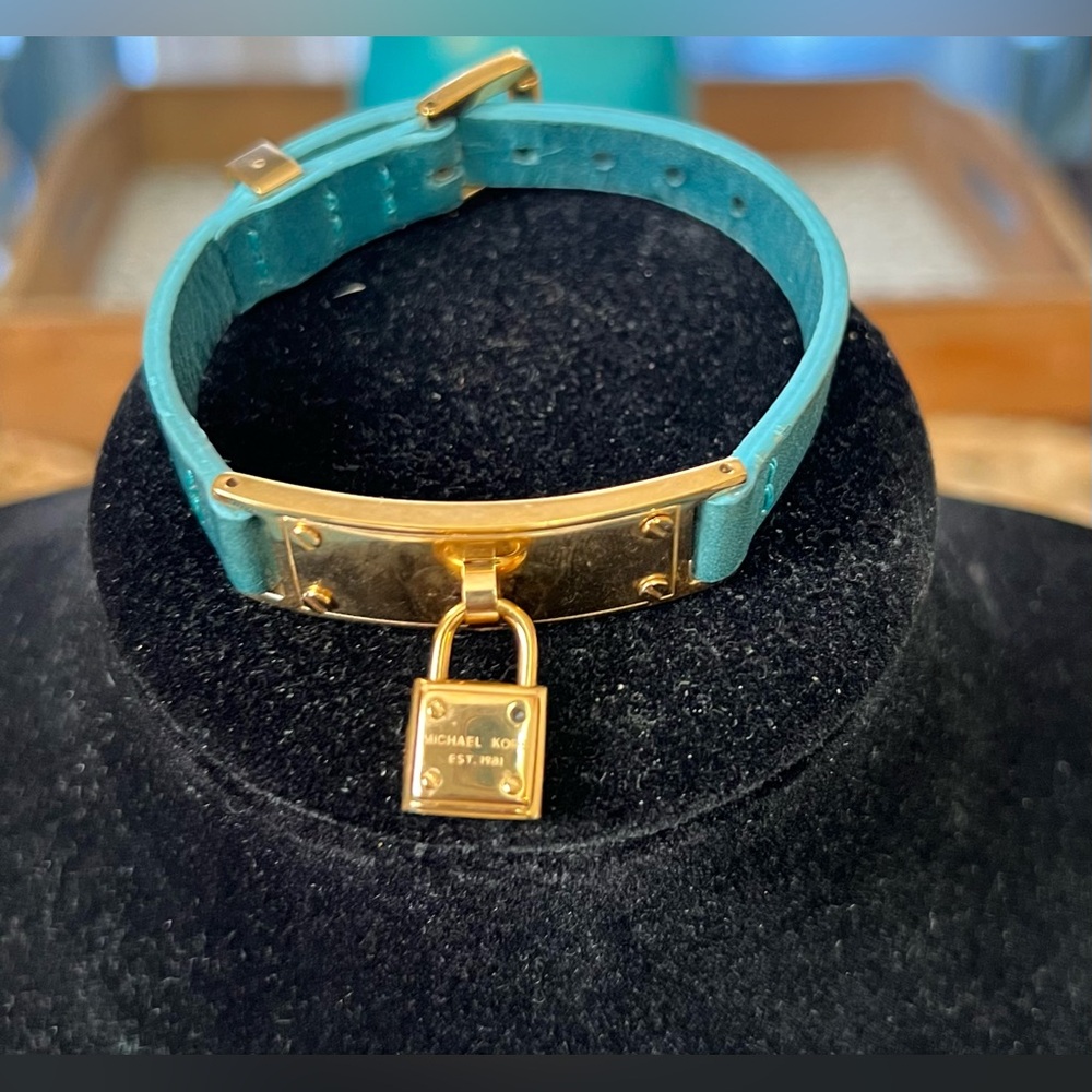 Michael Kors Turquoise Leather Bracelet with Gold Padlock